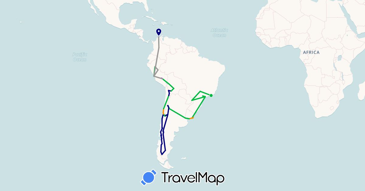 TravelMap itinerary: driving, bus, plane, train, boat, hitchhiking in Argentina, Bolivia, Brazil, Chile, Colombia, Peru, Uruguay (South America)